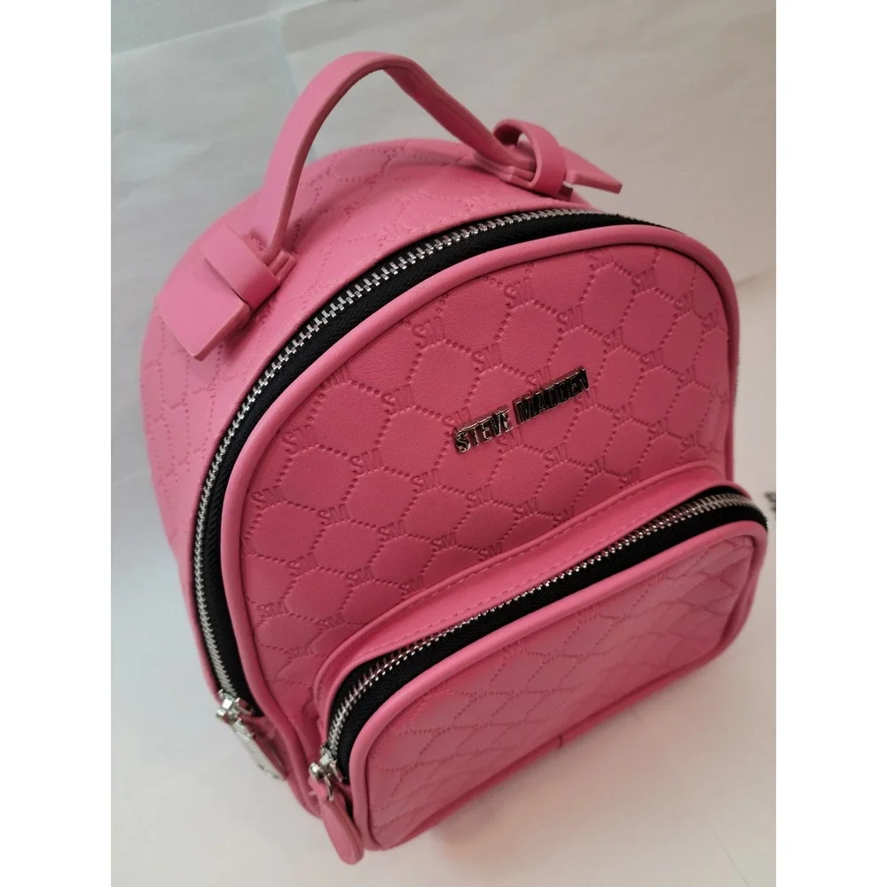 Steve‎ Madden Mini Backpack Women Pink Quilted Monogram Logo Embossed Small Bag